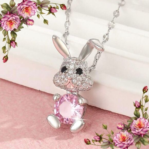 Silver and Pink Easter Bunny Pendant Necklace - Picture 1 of 10